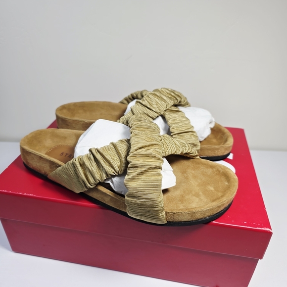 NWB STAUD Tan Ruching Criss Crossing Straps Women's Slip On Sandals Size 38 - Picture 4 of 9